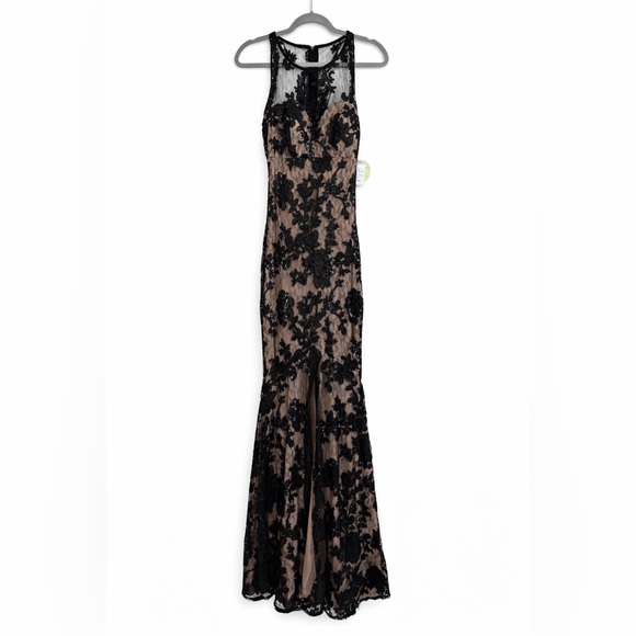 Dresses & Skirts - Black Lace Evening Gown with Nude Underlay